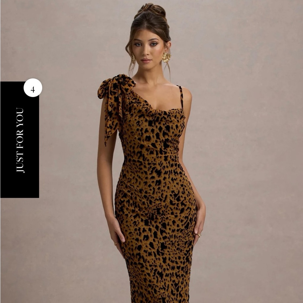 CLUB L LONDON YASMIN LEOPARD PRINT VELVET STRAPPY MAXI DRESS WITH BOW- NWT